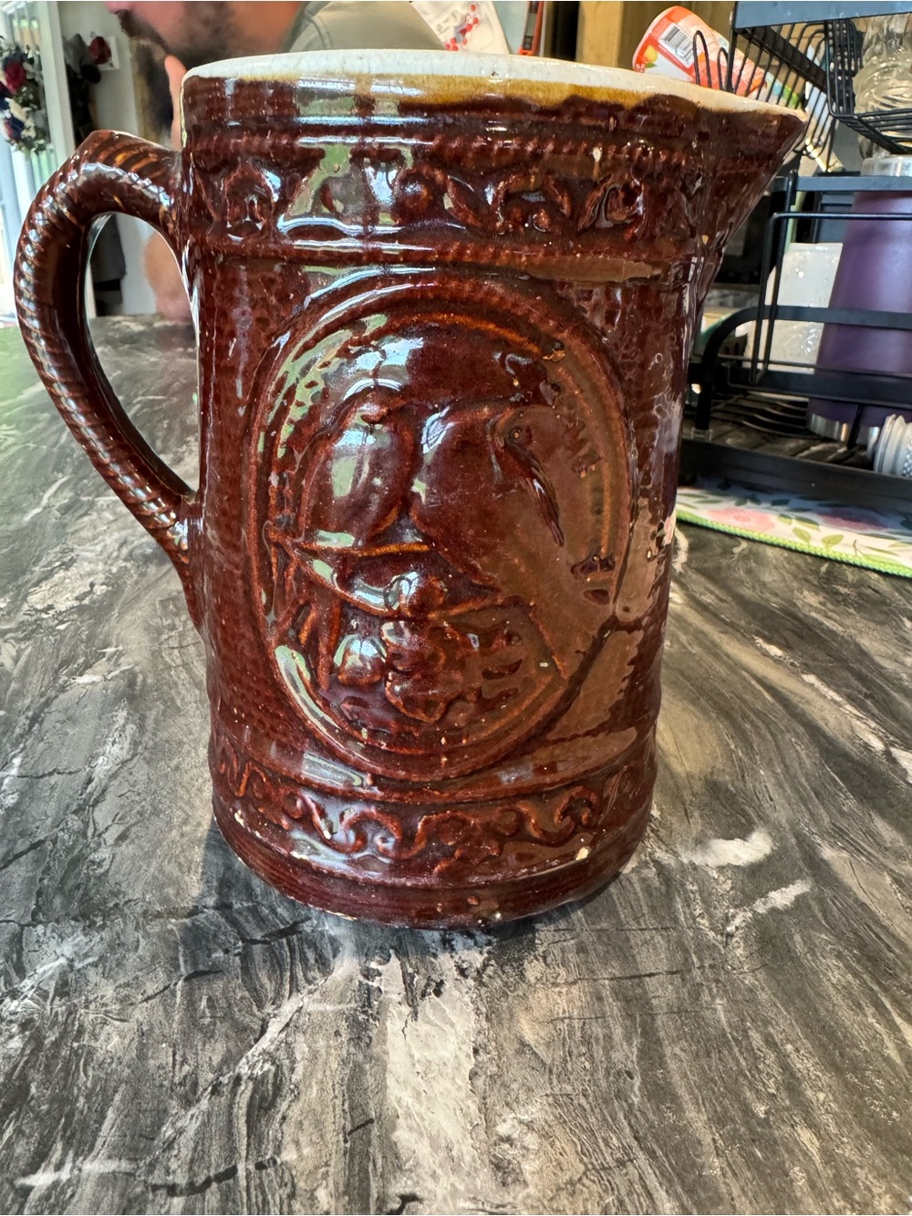 Antique Salt Glazed Stoneware Pitcher 2 Sparrows